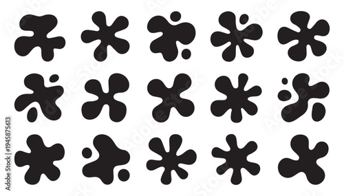 Set of organic ink blot silhouettes and abstract paint splash shapes isolated on white background for artistic design projects and creative background textures pack