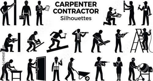 Carpenter contractor silhouette icon set featuring woodworking, drilling, measuring, repairing and construction tasks, professional builder pictograms isolated on white background