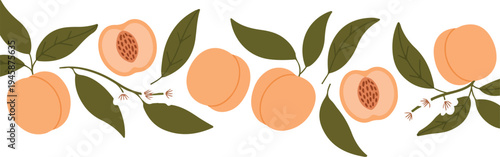Peach fruit seamless pattern with whole and sliced peaches green leaves summer food background flat vector illustration