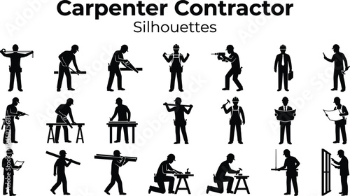 Carpenter contractor silhouette icon set showing woodworking, drilling, measuring, hammering and construction activities, professional carpentry worker pictograms isolated on white