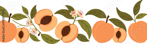 Peach fruit seamless pattern with whole and sliced peaches green leaves summer food background flat vector illustration