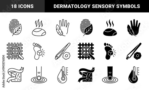 Dermatology and Sensory Perception Icons Featuring Skin Structure Hair Follicles Tactile Sensitivity and Material Texture Analysis in Outline and Solid Styles