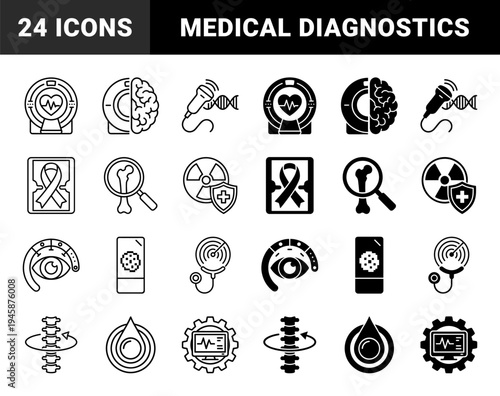 Medical Diagnostic Imaging and Healthcare Technology Icons Featuring Hybrid Designs of MRI Scanners Brain Anatomy Ultrasound Probes and Spinal Vertebrae