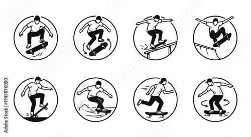A collection of black and white skateboarding logos and icons