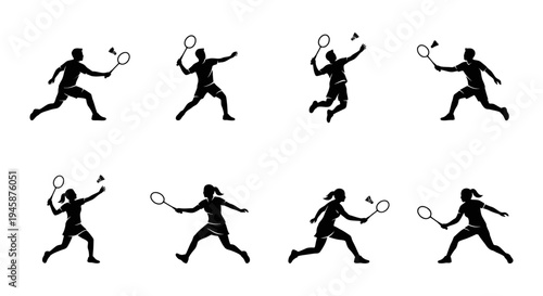 A collection of badminton player silhouettes and logos on a white background