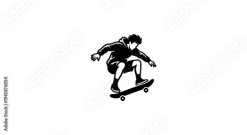 A black and white logo of a skateboarder in a circle
