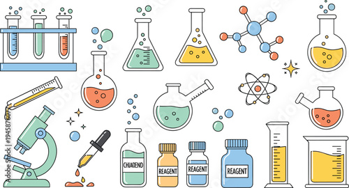 Chemistry Laboratory Equipment Cartoon Set Test Tubes Flasks Microscope Molecules and Reagents Vector Illustration