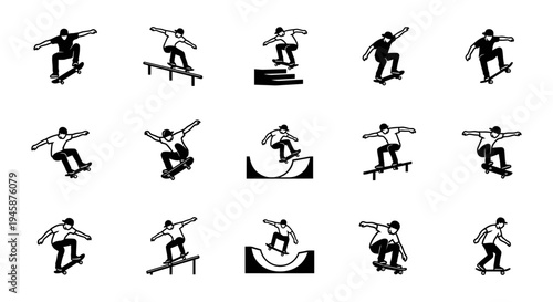 A graphic illustration of various skateboarding tricks and techniques.
