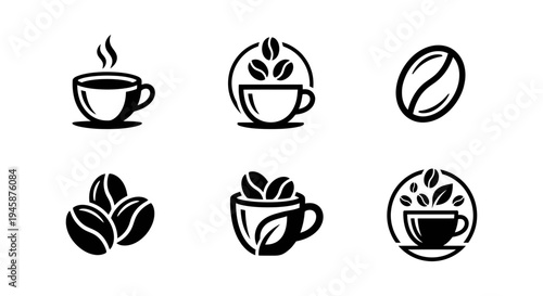 A collection of coffee icons and logos on a white background