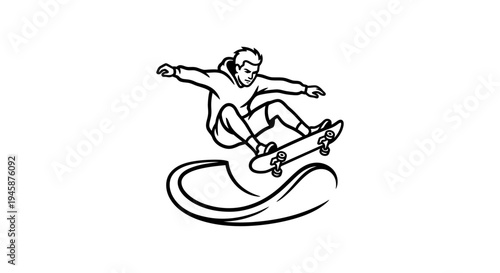 A black and white logo of a skateboarder in a circle