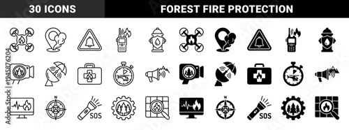 Wildfire emergency response and forest monitoring symbols featuring hybrid designs of firefighting gear and natural elements in line and solid styles