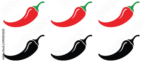 Red and black chili pepper icons set, featuring spicy hot pepper silhouettes with stems, ideal for restaurant menus, spice level indicators, culinary branding, and food-related vector design.