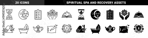 Wellness and Mindfulness Linear Icons Featuring Hybrid Symbols of DNA Teapots Lotus Hands and Mountain Books for Holistic Health and Spa Design