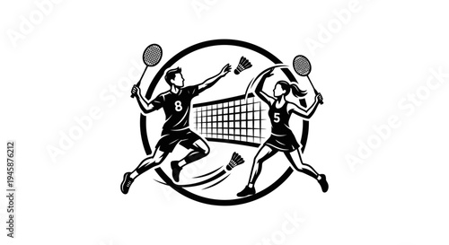 A black and white logo of a badminton club with male and female players