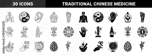 Holistic Therapy and Traditional Chinese Medicine Hybrid Icons Featuring Acupuncture Meridian Yin Yang Lotus and Herbal Medicine Symbolism