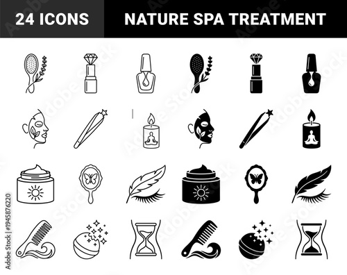 Hybrid beauty and wellness symbols merging self care elements with nature including lavender hairbrush diamond lipstick and butterfly mirror