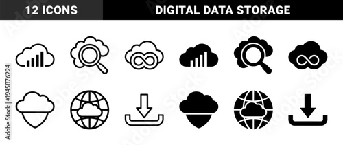 Cloud computing and global connectivity hybrid icons featuring data analytics search magnifying glass infinity loop storage shield and download symbols