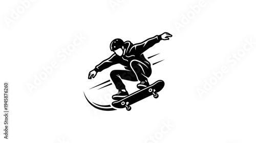 A black and white logo of a skateboarder in a circle