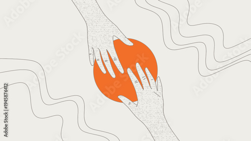 Two hands reach for and surround a vibrant orange sphere symbolizing connection support and shared vulnerability in a minimalist style high quality professional detailed modern elegant