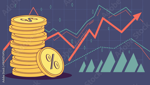 A vector graphic illustration of a stack of coins with a percentage sign and a line graph in the background, representing financial growth and investment.