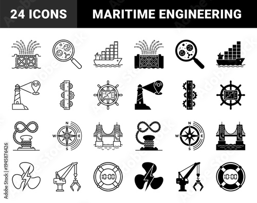 Marine engineering and maritime technology hybrid icons featuring nautical navigation tools integrated with digital data and industrial energy symbols