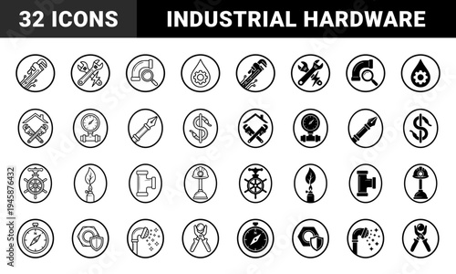 Plumbing and Industrial Infrastructure Symbols Merging Traditional Hardware with Technical Measurement and Shield Protection Concepts in Circular Outlines