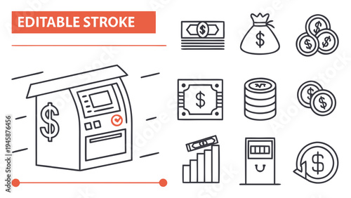 A vector graphic illustration of various financial icons and symbols in a modern, editable stroke style