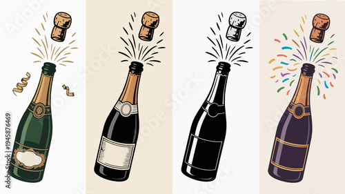A series of illustrations depicts champagne bottles being opened with corks popping and celebratory bursts of color and light high quality professional detailed modern elegant stylish