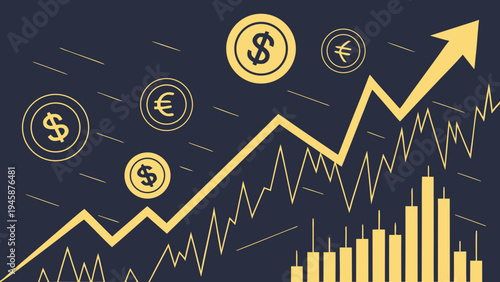 A vector graphic illustration of a financial growth chart with currency symbols and an upward trend