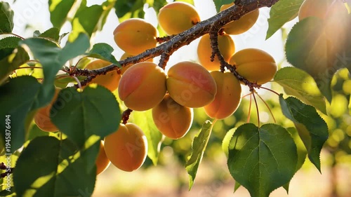 Apricots on branch with green leaves illuminated by sunlight