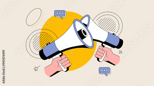 An illustration depicts a hand holding a white and blue megaphone surrounded by speech bubbles and circular shapes high quality professional detailed modern elegant stylish clean
