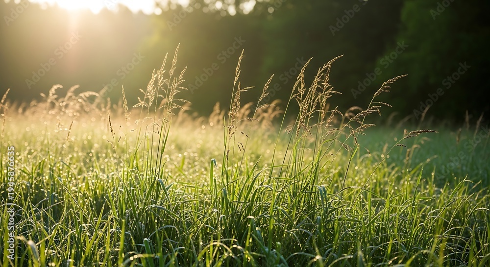 Obraz premium Sunlight shining through tall green grass in a field with trees in the background tall grass
