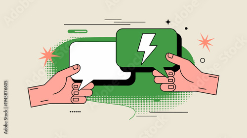 Two hands interact with speech bubbles one containing a lightning bolt representing quick communication or impactful messaging high quality professional detailed modern elegant stylish clean crisp