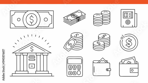 A set of financial icons including money, bank, calculator, and wallet in a flat, minimal design style.