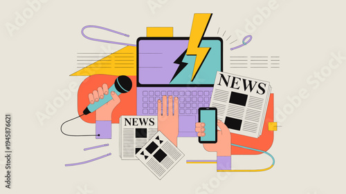 A colorful illustration depicts various elements of media and communication including a laptop microphone newspapers and a smartphone high quality professional detailed modern elegant stylish clean