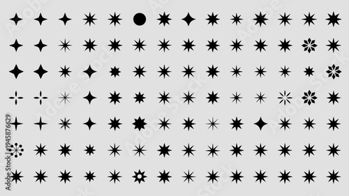 A collection of diverse black star shapes and a single black circle are arranged on a light gray background high quality professional detailed modern elegant stylish