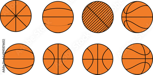 Eight basketballs illustration with unique black line patterns, traditional designs, geometric divisions, diagonal hatching, sports vector artwork, educational comparison graphic