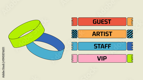 A colorful illustration depicts several wristbands each labeled with different access designations like guest artist staff and vip high quality professional detailed modern elegant stylish clean