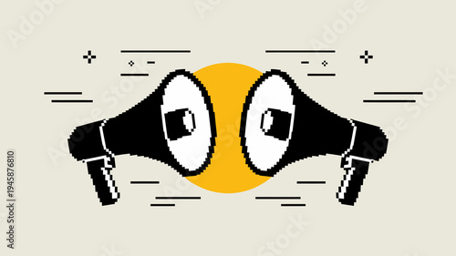 Two black megaphones face each other flanking a bright yellow circle with abstract line and plus sign decorations high quality professional detailed modern elegant stylish clean