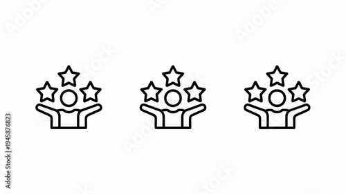 A linear illustration depicts three identical symbols hands raised in celebration with three stars positioned above them high quality professional detailed modern elegant stylish clean crisp