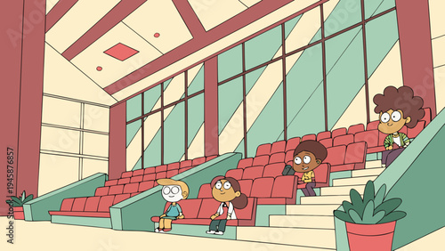 A colorful cartoon illustration of children sitting in a modern auditorium with red seats and large windows