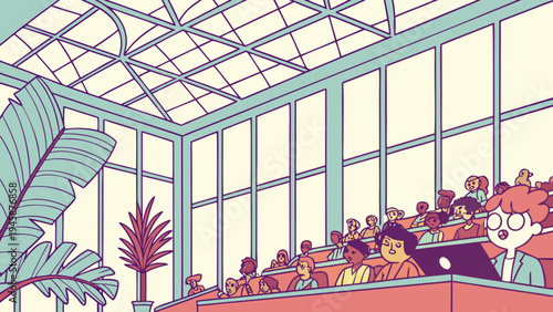 A vibrant illustration of a modern office space with a large glass atrium and people working at desks