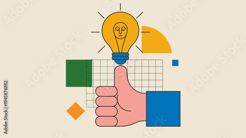 A brightly colored illustration depicts an idea symbolized by a lightbulb with a face above a thumbs up hand high quality professional detailed modern elegant stylish