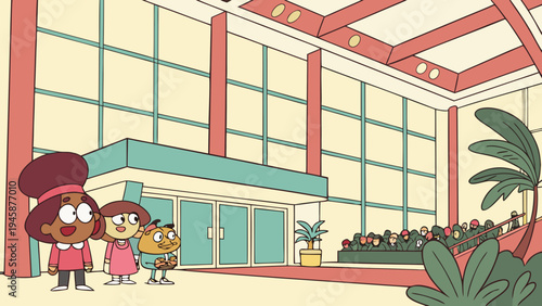 A colorful cartoon illustration of a woman and two children standing in front of a large building with many windows.