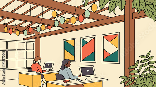 A modern office interior with two people working at desks under a wooden ceiling with colorful lanterns