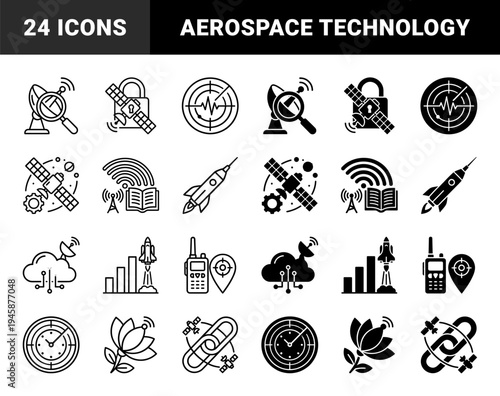 Black and white hybrid icons merging aerospace technology with data security and communication systems featuring satellites radar rockets and clouds