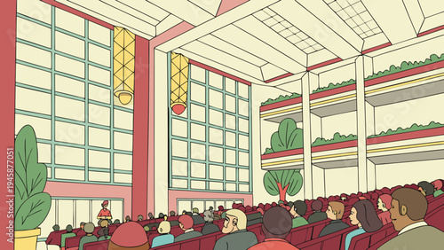 A colorful illustration of a large auditorium filled with people sitting in red seats, surrounded by tall windows and plants.