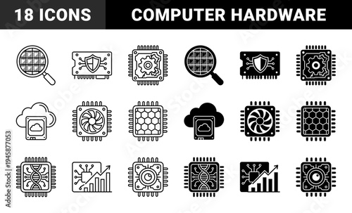 Semiconductor hardware icons featuring hybrid microchip designs with cooling fans biometric dna strands cloud storage and circuit board security shields