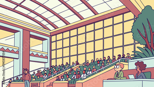 A colorful vector illustration of a large auditorium with a speaker and audience in a modern building