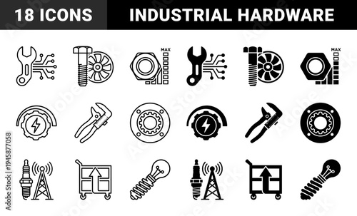 Mechanical Engineering and Industrial Maintenance Hybrid Icons Combining Hardware Tools with Electrical Energy and Digital Circuitry Symbols
